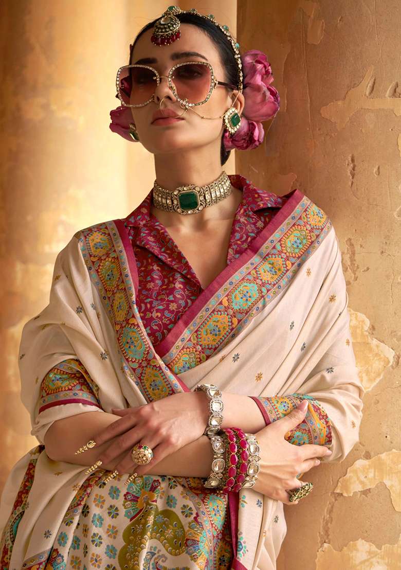 Cream Embroidered Silk Blend Saree Set - Indya
